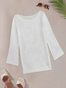 Vestido corto tipo capa de unicolor, informal, fresco, para vacaciones y playa, con adorno de encaje, de manga larga para mujer, para primavera/verano - Blanco - Ver 11
