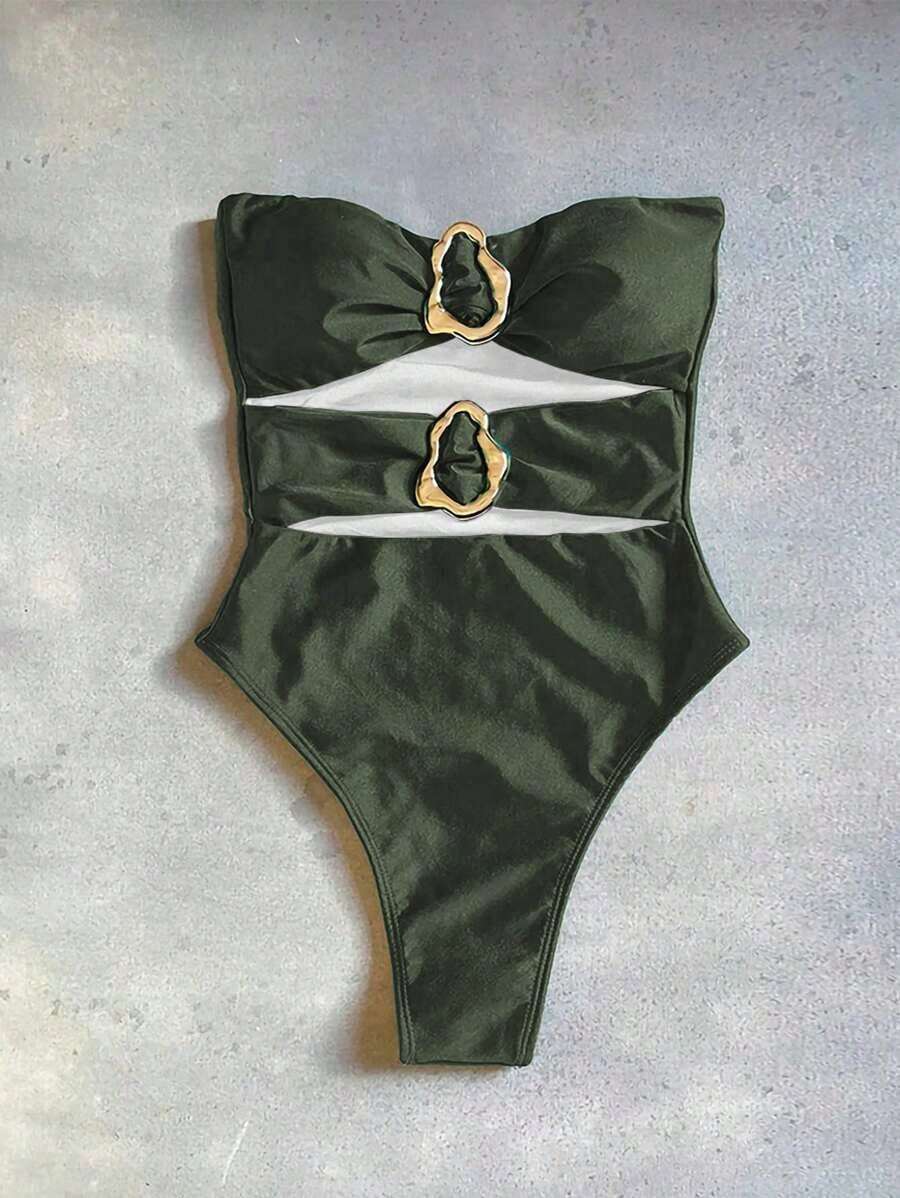 Nuevo traje de baño de una pieza elegante y sexy con diseño calado en negro, de moda para la playa, vacaciones, fiestas y citas - Verde militar - Ver 1