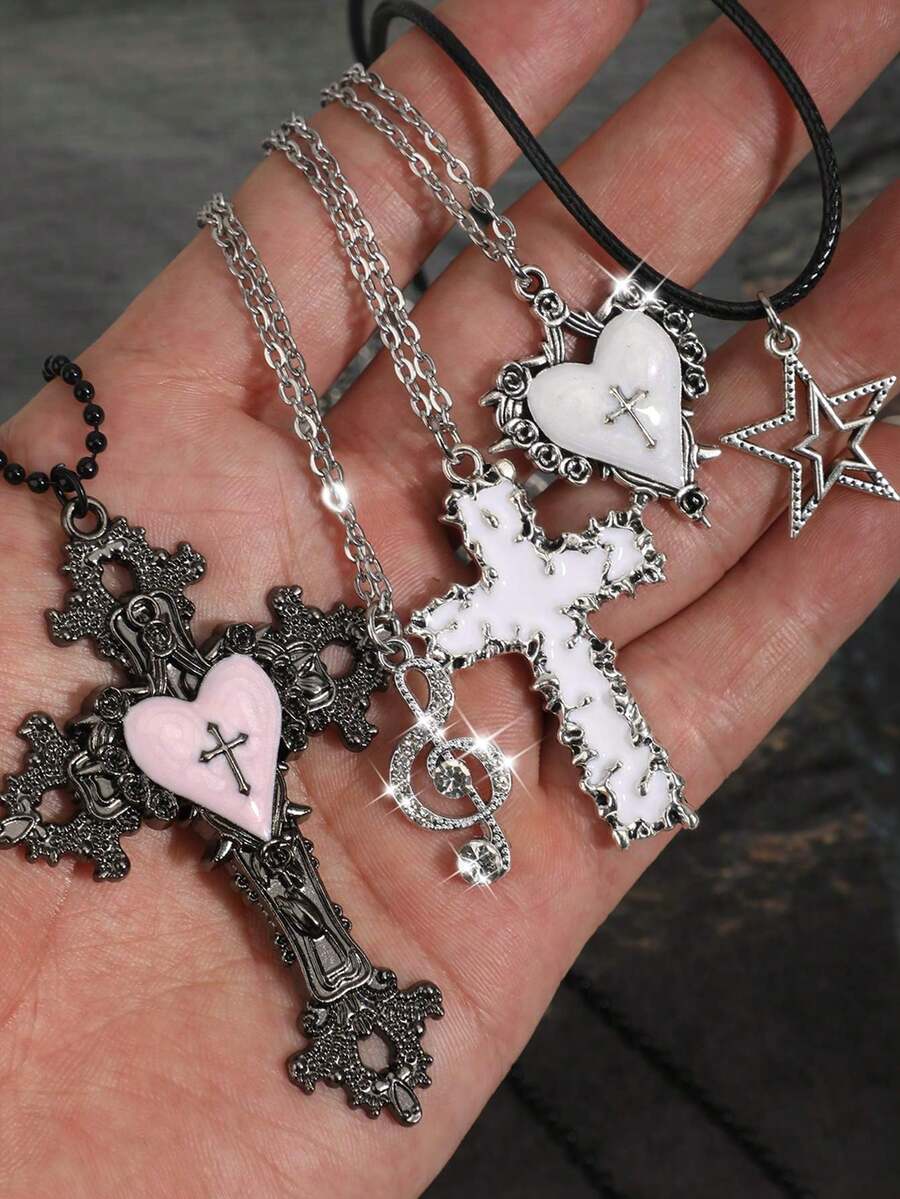 Bộ 5 mặt dây chuyền hình ngôi sao, thánh giá, trái tim, kiếm, cánh theo phong cách Y2K Retro Gothic Punk Rock đính đá lấp lánh, dây chuyền thép không gỉ, phong cách Ins Hiphop Boho Chic. - hồng và trắng - Xem 1