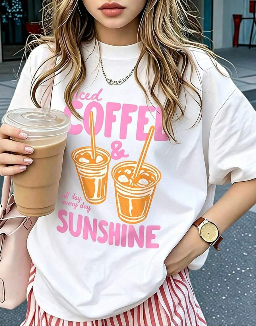 Playera holgada para mujer con lindo estampado de café helado y sol, cuello redondo y manga corta, estilo súper cómodo y relajado, ideal para verano, salir a pasear, ir a la playa y usar a diario con look casual muy a la moda A6FO - Blanco - Ver 1
