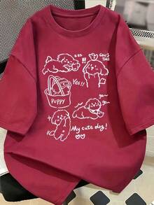 Women's 100% Pure Short-Sleeved T-Shirt With Cute Summer Puppy Print, Versatile, Round Neck, Korean Loose Style, Collegiate Style, American Urban Casual Style. - 酒紅色 - 查看 4