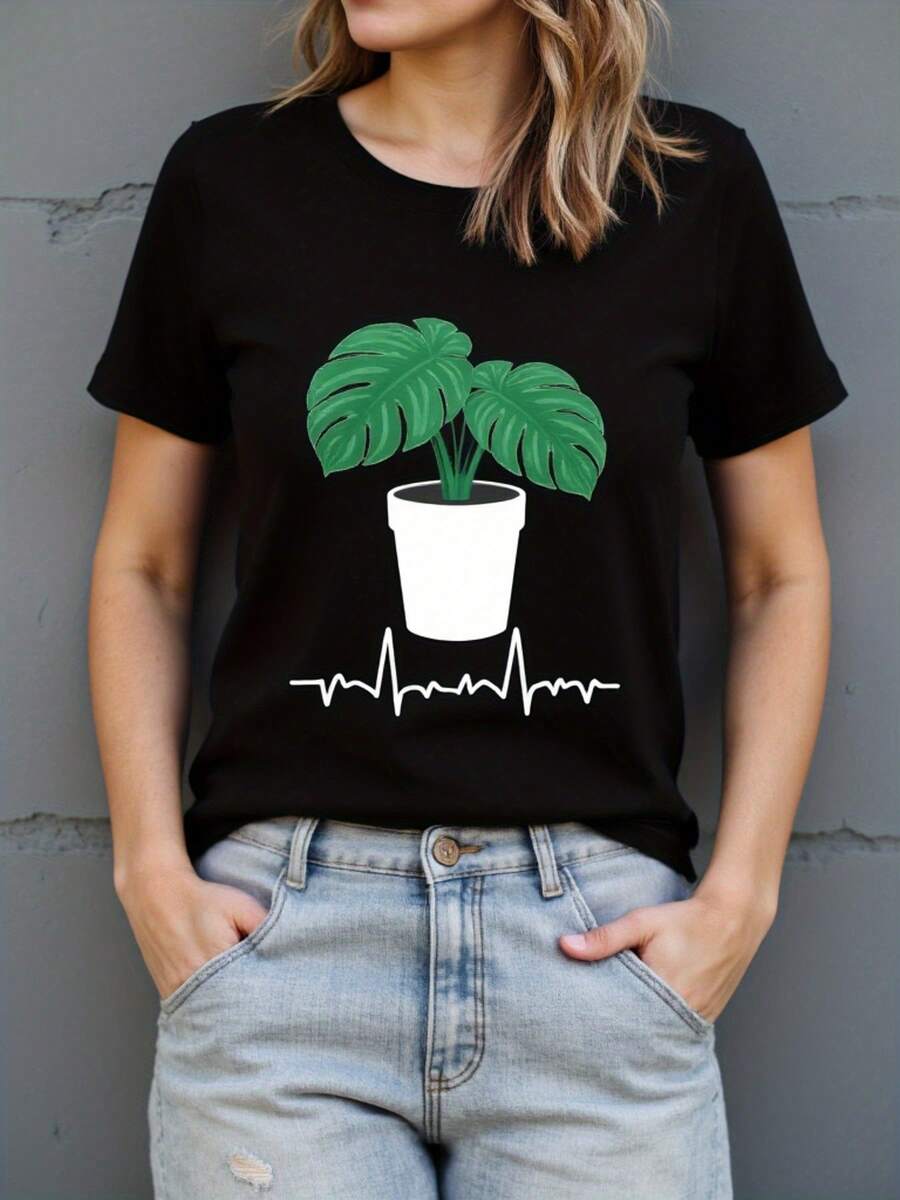 Camiseta negra premium, estampada con hojas de palma verdes y líneas de latidos del corazón, de manga corta y cuello redondo, diseño de hojas de palma, adecuada para primavera, verano y otoño, regalo para amantes de las plantas, corte unisex (no elástica), ecológica. - Negro - Ver 1