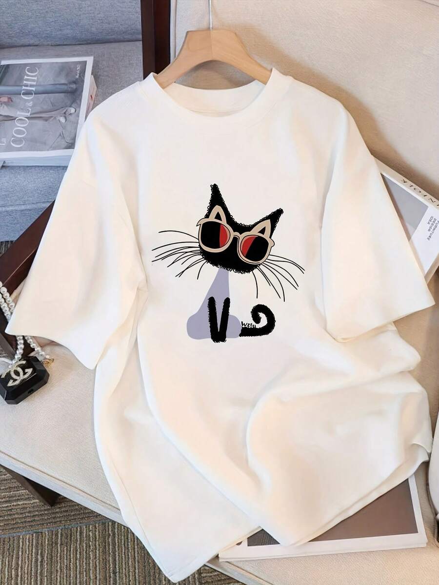 Women's Short Sleeve T-Shirt With Cartoon Print, Slim Fit#3333 - [Putih] - View 1