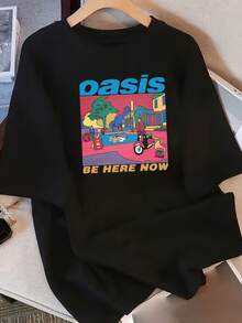 Women's Pure Cotton Short Sleeve T-Shirt - Loose Fit With Oasis Graphic Print & "BE HERE NOW" Design, White Crew Neck T-Shirt For Casual Wear, Summer Tops - 黑色 - 查看 1