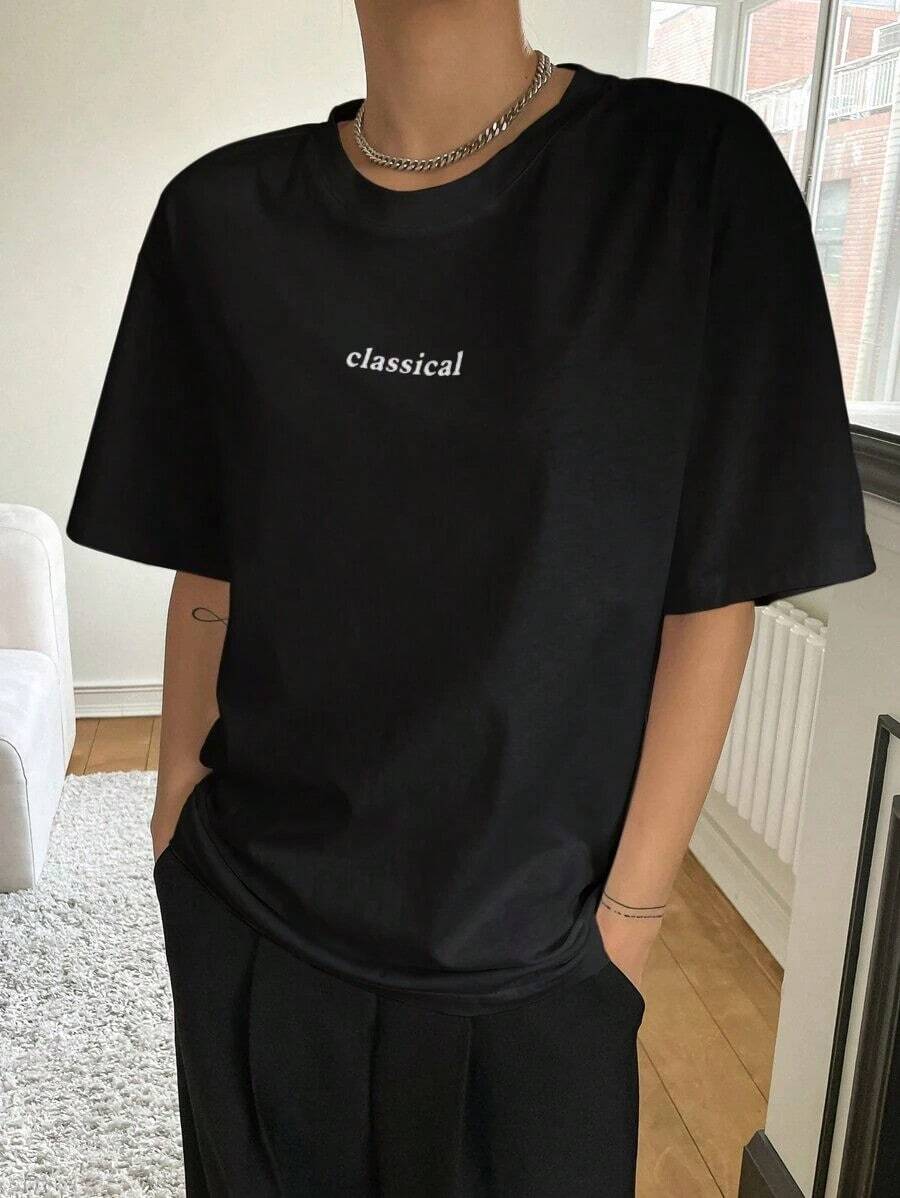 Summer Crew Neck T-Shirt With Letter Graphic - 黑色 - 查看 1