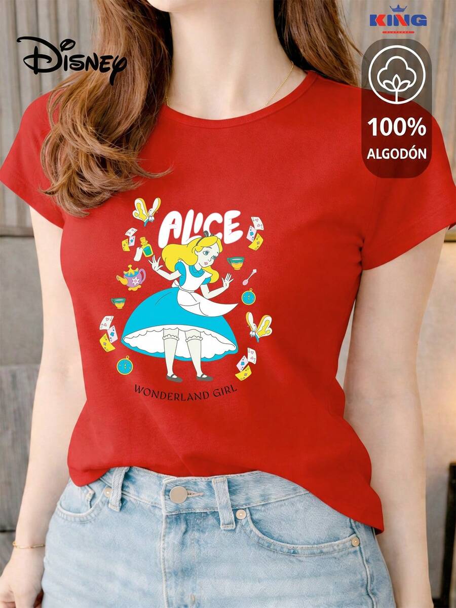 Women's T-Shirt Made Of 100% High-Quality Cotton, This T-Shirt Guarantees Exceptional Softness To The Touch, Round Neck With "Disney Alice Journey" Print And Short Sleeves - 紅色 - 查看 1