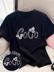 1 pieza de camiseta ajustada de manga corta para mujer  con estampado gráfico blanco, 180g 100% algodón, los diseños están impresos. Unisexo. - Negro - Ver 5