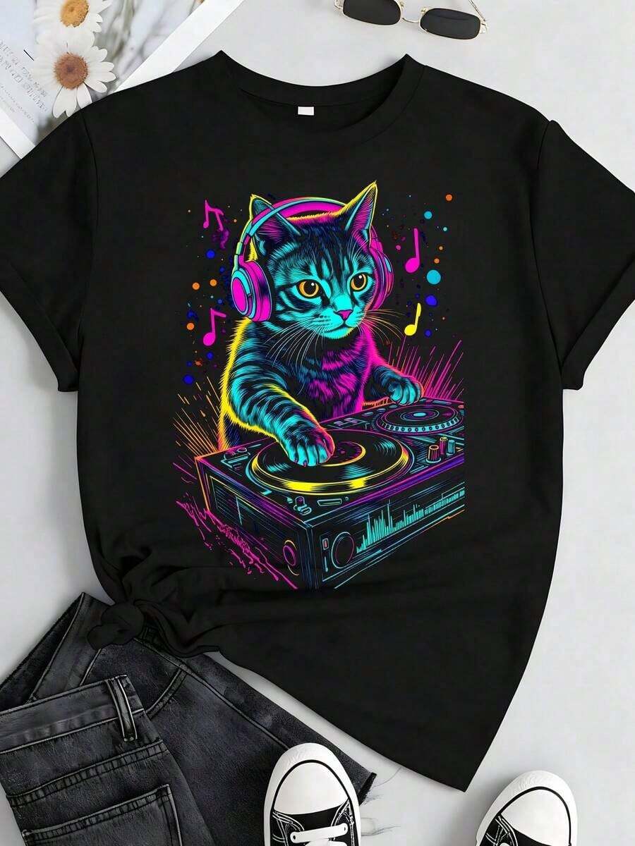 Men's Pure Cotton T-Shirt With Cat Graphic Design, DJ Techno EDM Rave Style, For Cat Lovers - Black 4 - View 1