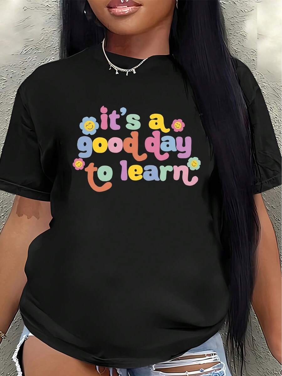 Short-Sleeved Polyester T-Shirt, Printed With The Words "Today Is A Good Day To Study" And Adorned With Colorful Floral Motifs. It Is Lightweight And Durable, Suitable For Everyday Wear Or Casual Outfits, And Offers A Comfortable Fit For Daily Use. Women's Blouses > Clothing - 黑色 - 查看 1