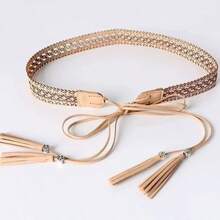 1pc Hollow Tassel Waist Belt, Versatile Fashion Waist Rope For Dresses, Shirts, Skirts, Faux Leather - Beige - View 2