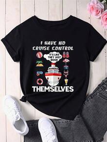 T-Shirt With Cruise Ship, Vacation And Beach Icons, Summer Travel Theme - Vintage Street Style, Unisex, Cotton, Short Sleeve, Crew Neck, 100% Cotton - 黑色 - 查看 3