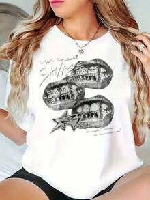 Camiseta estampada para mujer, informal, con diseño gráfico de dientes y estrellas, ideal para el verano, regalo perfecto para amigos y familiares, 220g, playera para verano. - Blanco - Ver 6