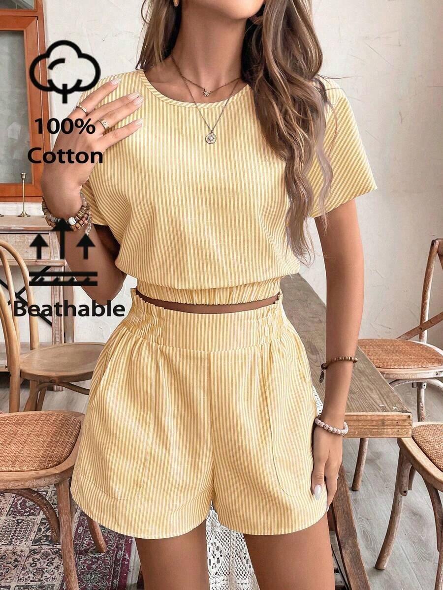 Frenchy Conjunto de top corto con mangas murciélago y shorts con estampado de rayas para verano - Amarillo - Ver 1