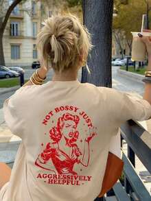 Short-Sleeved T-Shirt With A Round Neck And Slogan Print, Casual Summer Style For Women, Fashionable Everyday Wear And Vacation Wear, Suitable For Daily Use And Holidays - Urban Vintage Style, Unisex, Cotton, Short-Sleeved, Round Neck, Blouses For Women. Casual Blouses For Ladies. - 杏色 - 查看 6
