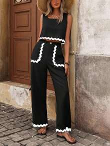 LUNE Conjunto de top corto sin mangas de cuello cuadrado informal y pantalones rectos, con bolsillo con cinta a color, para primavera/verano - Negro - Ver 4