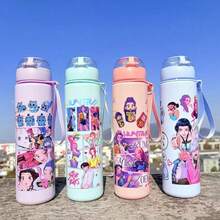 Cartoon Character Plastic Water Bottle With Straw, Leak-Proof Portable, Suitable For School, Gym, Travel And Daily Use - Multicolor - View 2