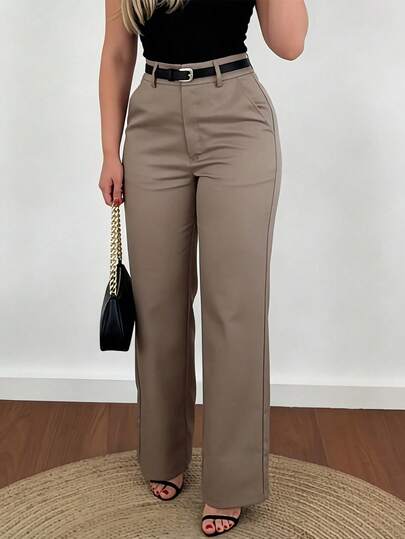 Women's Loose Casual Straight Leg Pants, Suitable For Commuting, Evening Dates, Holidays, Office, Home, Daily Wear, Travel, Breakfast, Airport, Sports & Fitness, Solid Color Woven Fabric, Side Pockets, Elastic Waist, Zipper & Button Closure, Spring/Summer