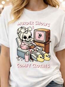 Camiseta de manga corta con cuello redondo y estampado para mujer Esqueleto viendo la televisión con palomitas de maíz S-3XL moda, cómodo y transpirable unio lavable a máquina - Blanco - Ver 2