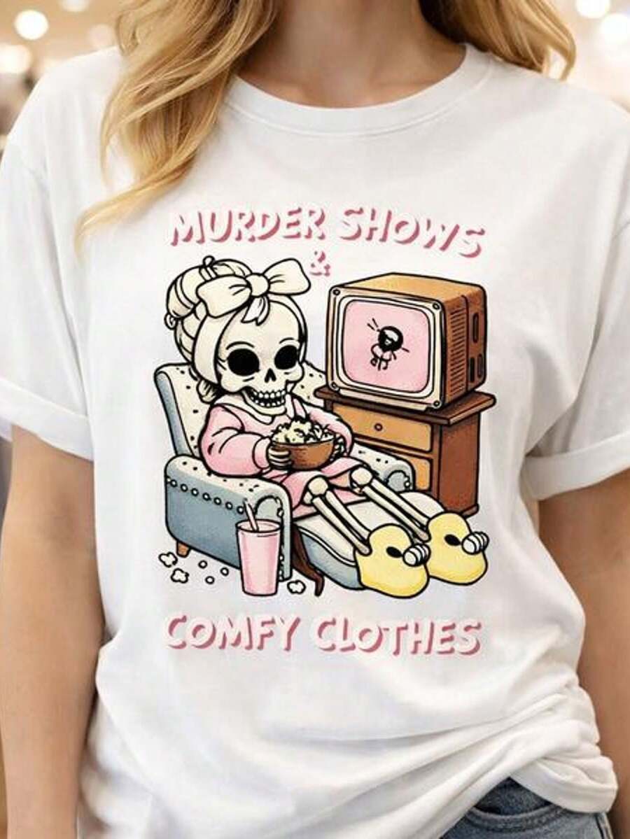 Camiseta de manga corta con cuello redondo y estampado para mujer Esqueleto viendo la televisión con palomitas de maíz S-3XL moda, cómodo y transpirable unio lavable a máquina