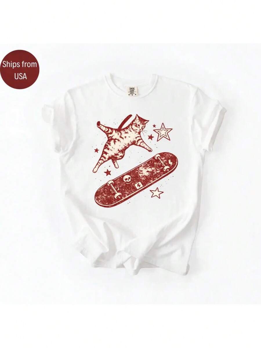 1 Piece Y2K T-Shirt With Skateboard Cat Design, Y2K T-Shirt With Retro 90s Aesthetic And Kitten Design, T-Shirt With Rocker Girlfriend Aesthetic And Cat, Vintage Decadent Style Top With Forest And Skateboard Design, 180g 100% Cotton. - 白色 - 查看 1