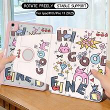 One Item: Tri-Fold Rotating Stand Acrylic Case Compatible With IPad, Cute Cat Graffiti Style, Full Coverage, Non-Magnetic Shockproof, Suitable For 11th Generation/10th Generation/Air 2026/Pro 11/13-Inch Cases. Perfect For Students/Office Workers/Daily Commuters. - Pink - View 13