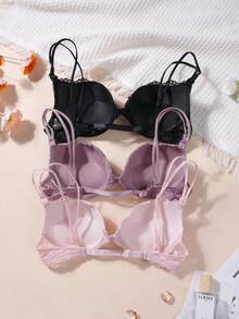 3pcs/Set Women Front Closure Lace Padded Push Up Bra, Sexy & Comfortable Lift Bra - Thin Padding, Adjustable Straps, Lift Bust, Fashionable & Versatile, Suitable For Daily Wear & Special Occasions - Multicolor - View 1
