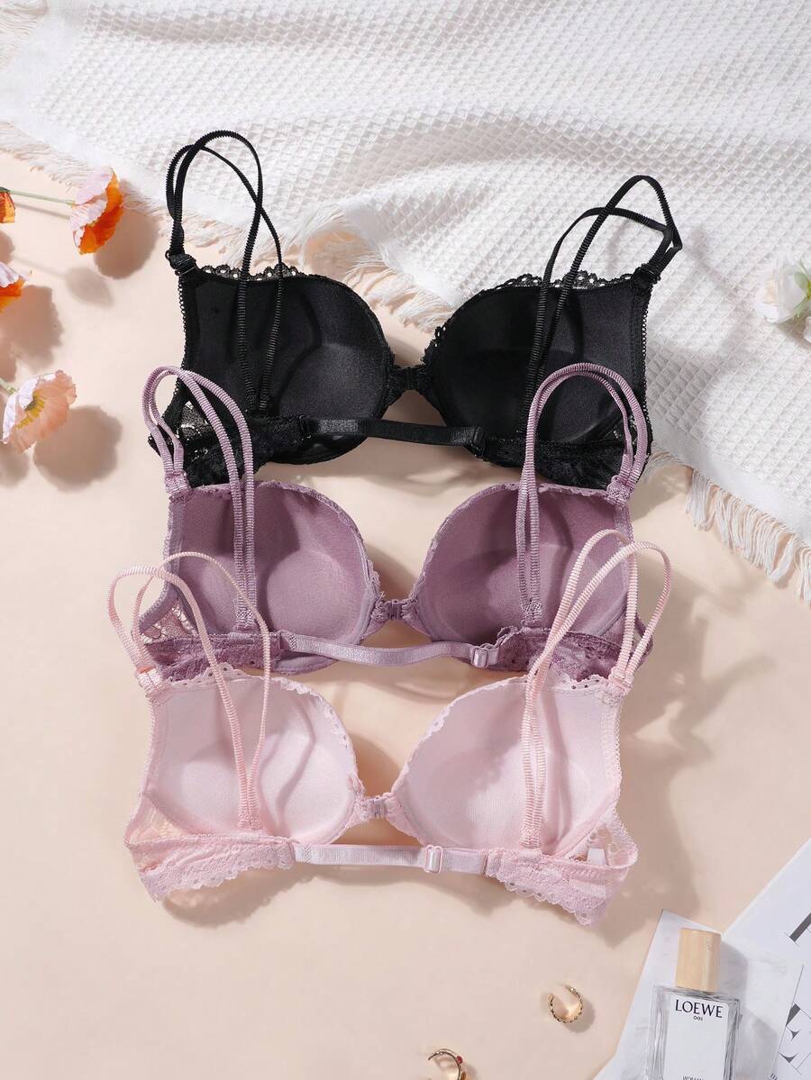 3pcs/Set Women Front Closure Lace Padded Push Up Bra, Sexy & Comfortable Lift Bra - Thin Padding, Adjustable Straps, Lift Bust, Fashionable & Versatile, Suitable For Daily Wear & Special Occasions - Multicolor - View 1