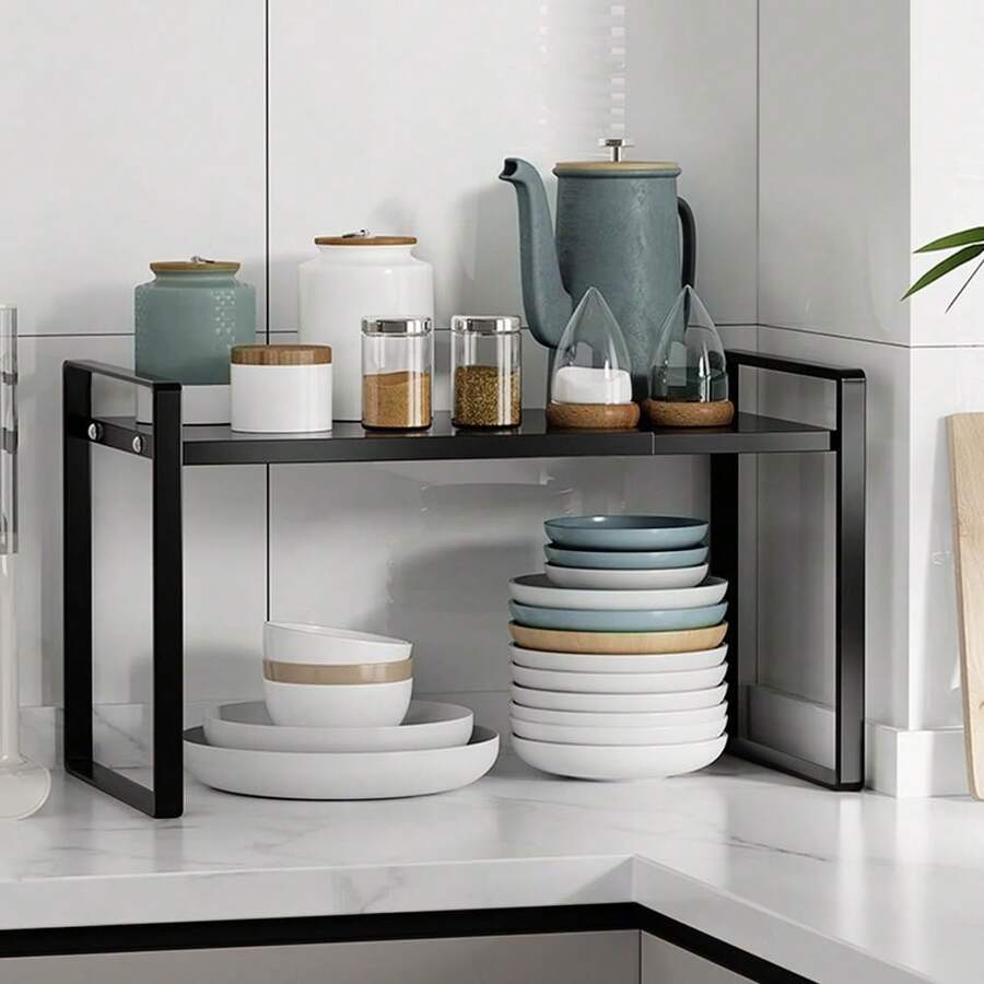 Küchenschränke Organizer ,Gewürzregal, Küchen-Organizer, Küchenregal, Schrank-Organizer Küche, erweiterbar, kleines Regal, stapelbar, Metall, Schwarz - A - Übersicht 1