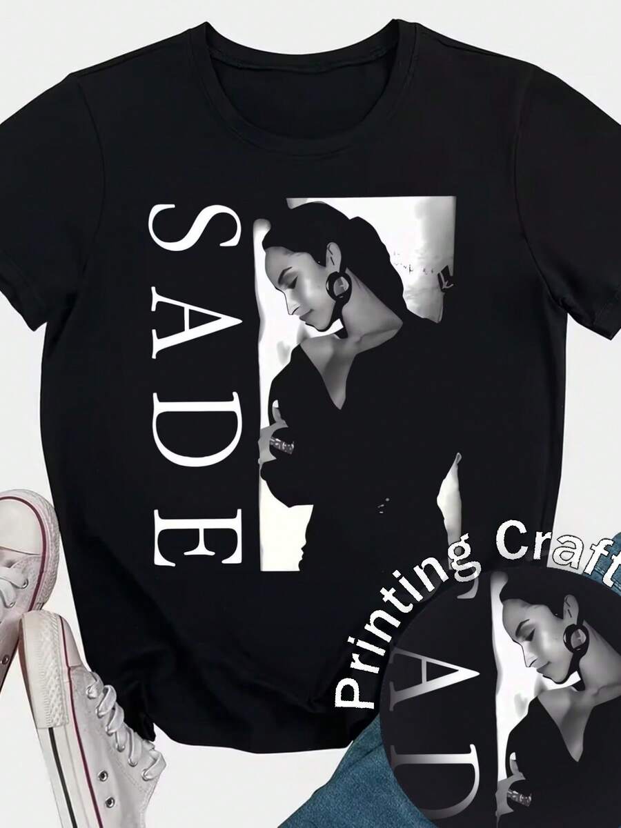 Camiseta de manga corta con estampado para mujer, ropa de primavera, atuendo para festividades, negra para verano, look playero, estilo vacacional, estilo rural, atuendo de oficina para mujer. - Negro - Ver 1