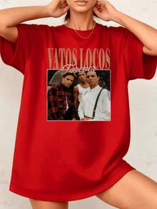 Women's Retro Graphic Print T-Shirt, 100% Cotton, Crew Neck, Casual Style, 1 Piece. Excellent Gifts For Friends And Family. - 紅色 - 查看 1