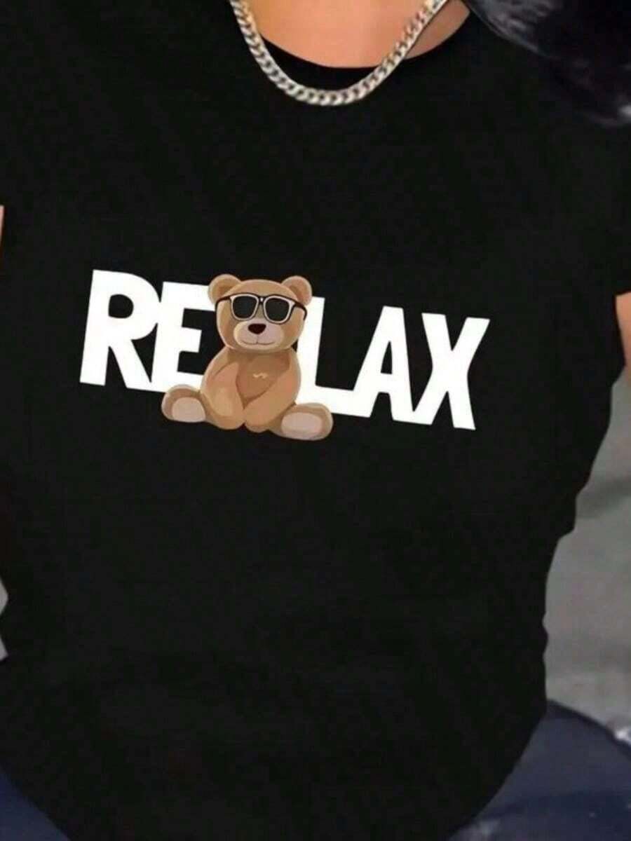 Simple And Versatile Design, Refreshing For Christmas And Summer, Relaxing T-Shirt With Bear And Letter Print, Cute And Fashionable, Women's Summer T-Shirt, Women's Round Neck Top, New Cotton T-Shirt - 黑色 - 查看 1