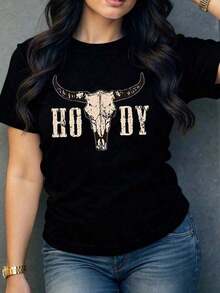 Soft Soft Women's Casual T-Shirt With Bull Skull Graphic Print, Original And Modern Design, Ideal For A Casual And Comfortable Look, Perfect To Pair With Jeans Or Skirts, Soft And Breathable Fabric. 100% Cotton Pattern - 黑色 - 查看 7