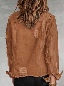 Necooer Women's Denim Jacket Old Wash Button Boyfriend Denim Jacket Jacket With Pocket - màu nâu - Xem 9