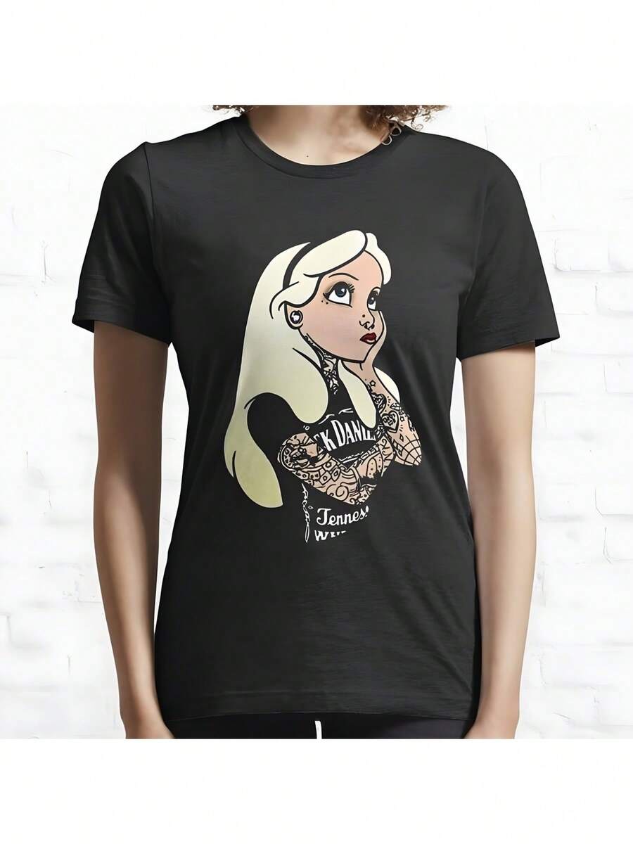 Camiseta de Mujer de Algodón Negro Manga Corta Anime Chica Estampado Gráfico Casual Cuello Redondo Corte Regular Tejido Cómodo para Todas las Estaciones Adecuada para Uso Diario Camiseta de Mujer  Promocional Camiseta de Mujer Linda Camiseta de Mujer Elegante - Negro - Ver 1