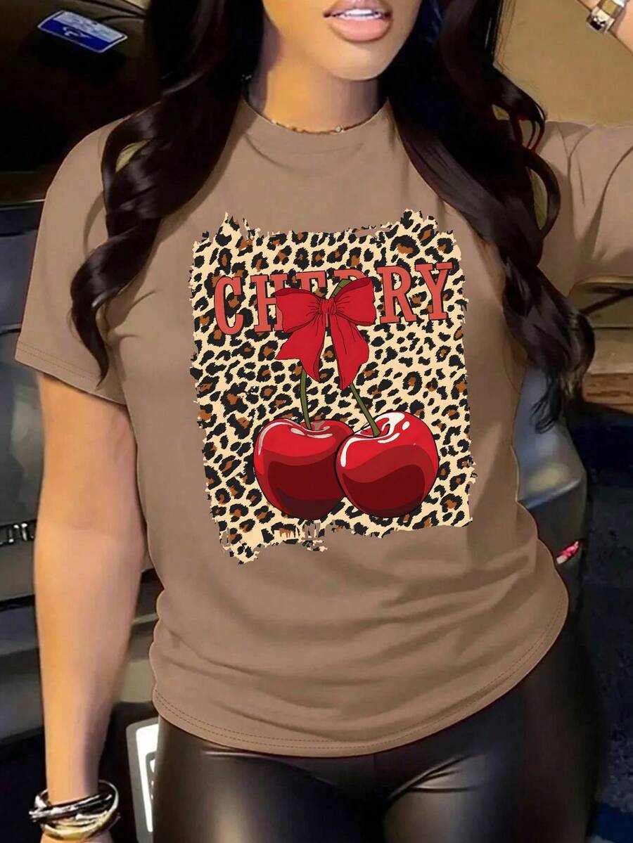 Women's Oversized Brown Summer 2026 T-Shirt With Leopard Print Bow And Red Cherries, Animal Print Bow And Cherry Design, Flirty Style To Pair With Leggings Or Skinny Jeans - YH565-棕色 - 查看 1