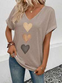 Camiseta casual y versátil para primavera/verano con cuello en V, puños acampanados y estampado degradado en forma de corazón - Amarillo - Ver 8