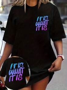 Camiseta de Verano de Talla Grande para Mujer, de Manga Corta, Corte Holgado y Moderno - Negro - Ver 1