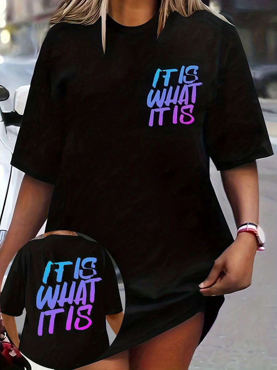 Camiseta de Verano de Talla Grande para Mujer, de Manga Corta, Corte Holgado y Moderno - Negro - Ver 1