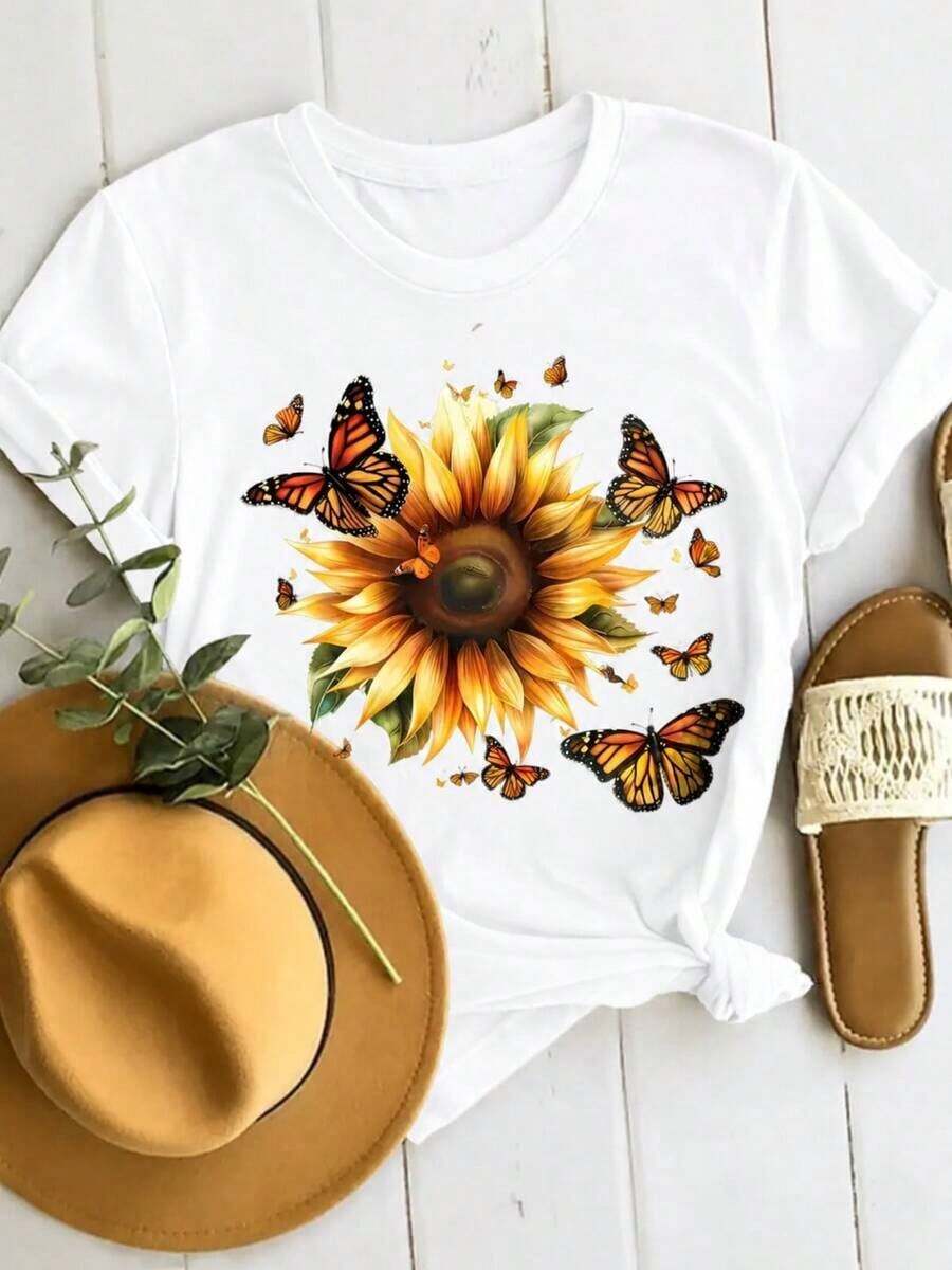 Suave y a la moda, nueva y linda camiseta de mujer con estampado de girasoles y mariposas, camiseta de manga corta casual con cuello redondo para mujer, nueva ropa de primavera-verano para mujer, casual, cómoda y versátil, entrega local, 100% algodón, transpirable y cómoda, blusa casual para mujer, blusas para mujer, camisetas de algodón para mujer. - Blanco - Ver 1