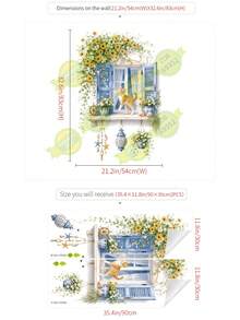 2件窗台花藤景觀繪畫，田園花卉牆面裝飾貼紙，春季花卉裝飾，可移除防水PVC牆貼 - 69352-藤語至夏 - 查看 3