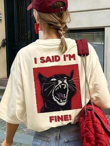 Camiseta Holgada de Mujer con Hombros Descubiertos - Estampado Divertido de Gato Enojado con la Frase "Estoy Bien", Estilo Urbano con Memes Interesantes, Top Casual de Cuello Redondo Suave y Transpirable, Ideal para Reuniones de Fin de Semana, Festivales de Música, Noches de Fiesta, para Mujeres y Adolescentes Amantes de los Gatos en Verano. - Albaricoque - Ver 6