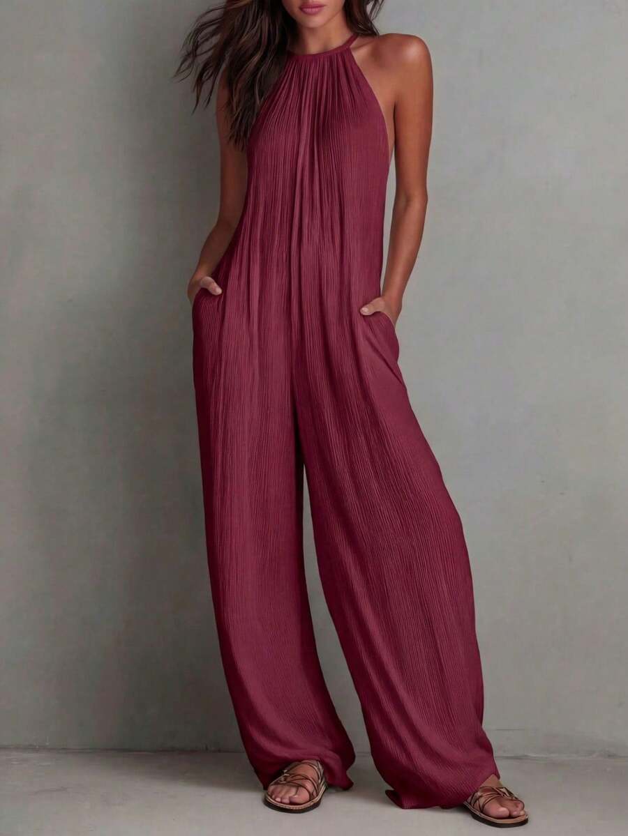 White Wide-Leg Jumpsuit With Pleats And Open Back, Perfect For A Holiday Look. - Burgundy - View 1