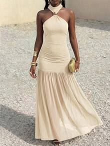 Women's Brown Halter Neck Long Dress, Metal Buckle Pleated Waist Ruffle Hem Party Dress - Apricot - View 5