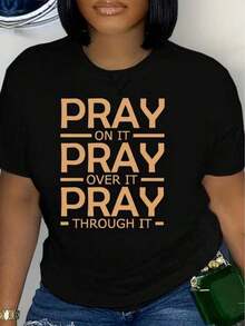 Women's Casual T-Shirt, A Short-Sleeved Blouse For Everyday Activities, With The Religious Slogan "Pray And Overcome Everything", Suitable For Wearing On Vacation. - 黑色 - 查看 1