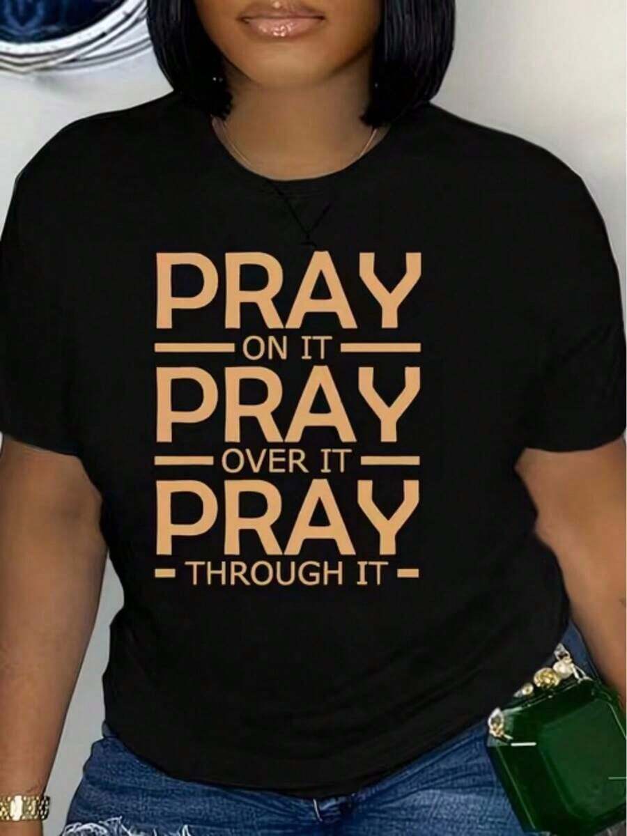 Women's Casual T-Shirt, A Short-Sleeved Blouse For Everyday Activities, With The Religious Slogan "Pray And Overcome Everything", Suitable For Wearing On Vacation. - 黑色 - 查看 1