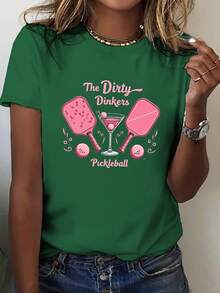 Camiseta con estampado de pickleball de Dirty Boy, manga corta, cuello redondo, estilo casual, blusas de primavera/verano para mujer. - Verde - Ver 7