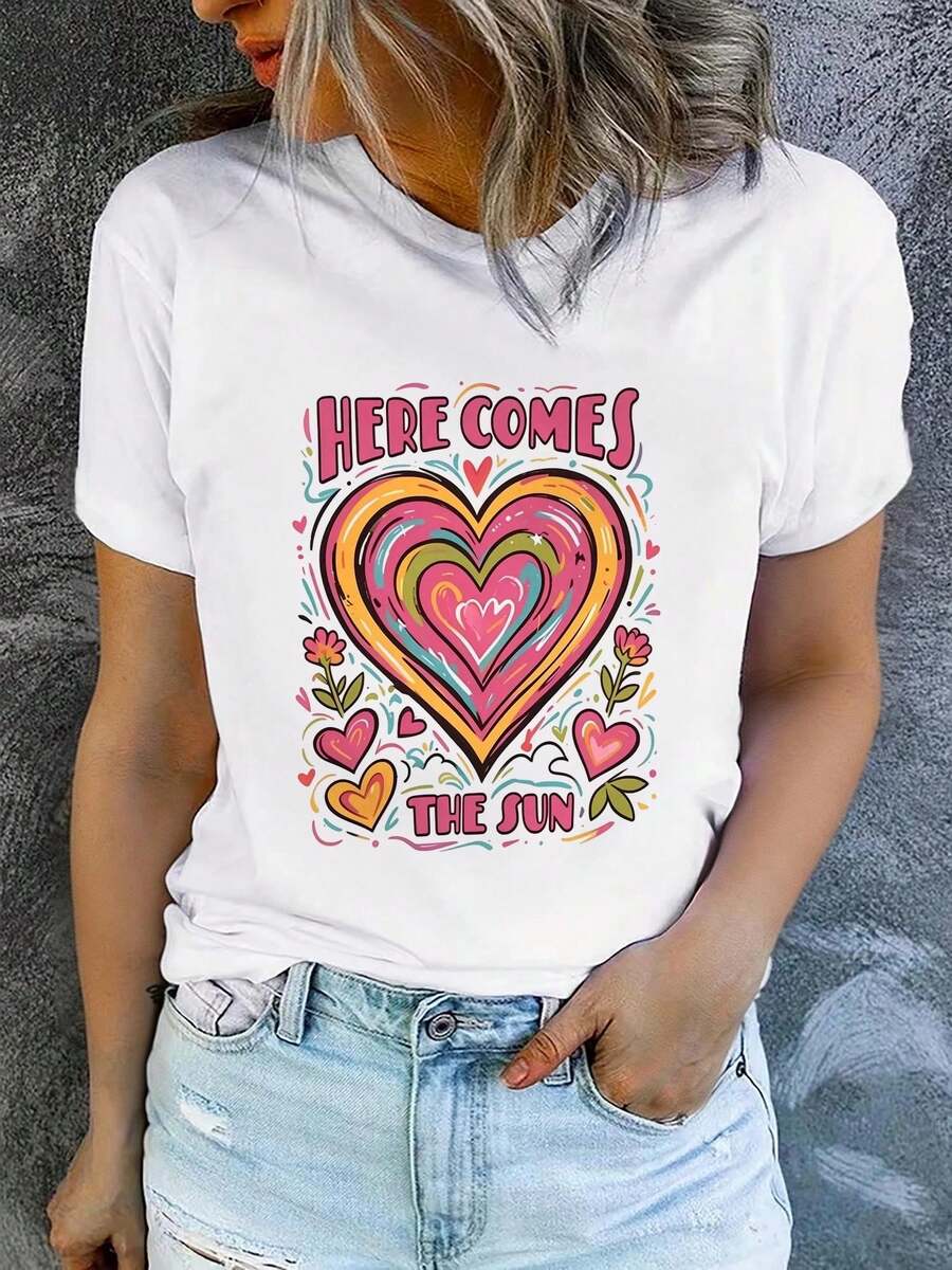 Women's Printed Short-Sleeved T-Shirt With A Round Neck, Modern And Casual, Machine Washable, Comfortable Fit. Casual Blouses For Women. - 白色_09 - 查看 1