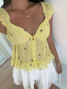 Women's Pink Blouse With Short Sleeves, Open Neck, Embroidery, Ruffles And Versatile Design For Casual, Vacation And Everyday Wear, Made Of Chiffon, For Spring/Summer - 黃色 - 查看 5