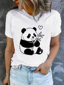 Women's Plus Size Crew Neck Casual T-Shirt With Cute Panda Holding Bamboo With A Heart Print, Machine Washable, Casual And Versatile, Loose And Comfortable, A Perfect Gift For A Good Friend - 白色 - 查看 1