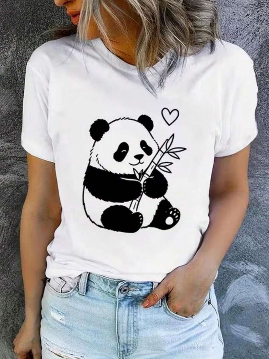 Women's Plus Size Crew Neck Casual T-Shirt With Cute Panda Holding Bamboo With A Heart Print, Machine Washable, Casual And Versatile, Loose And Comfortable, A Perfect Gift For A Good Friend - 白色 - 查看 1